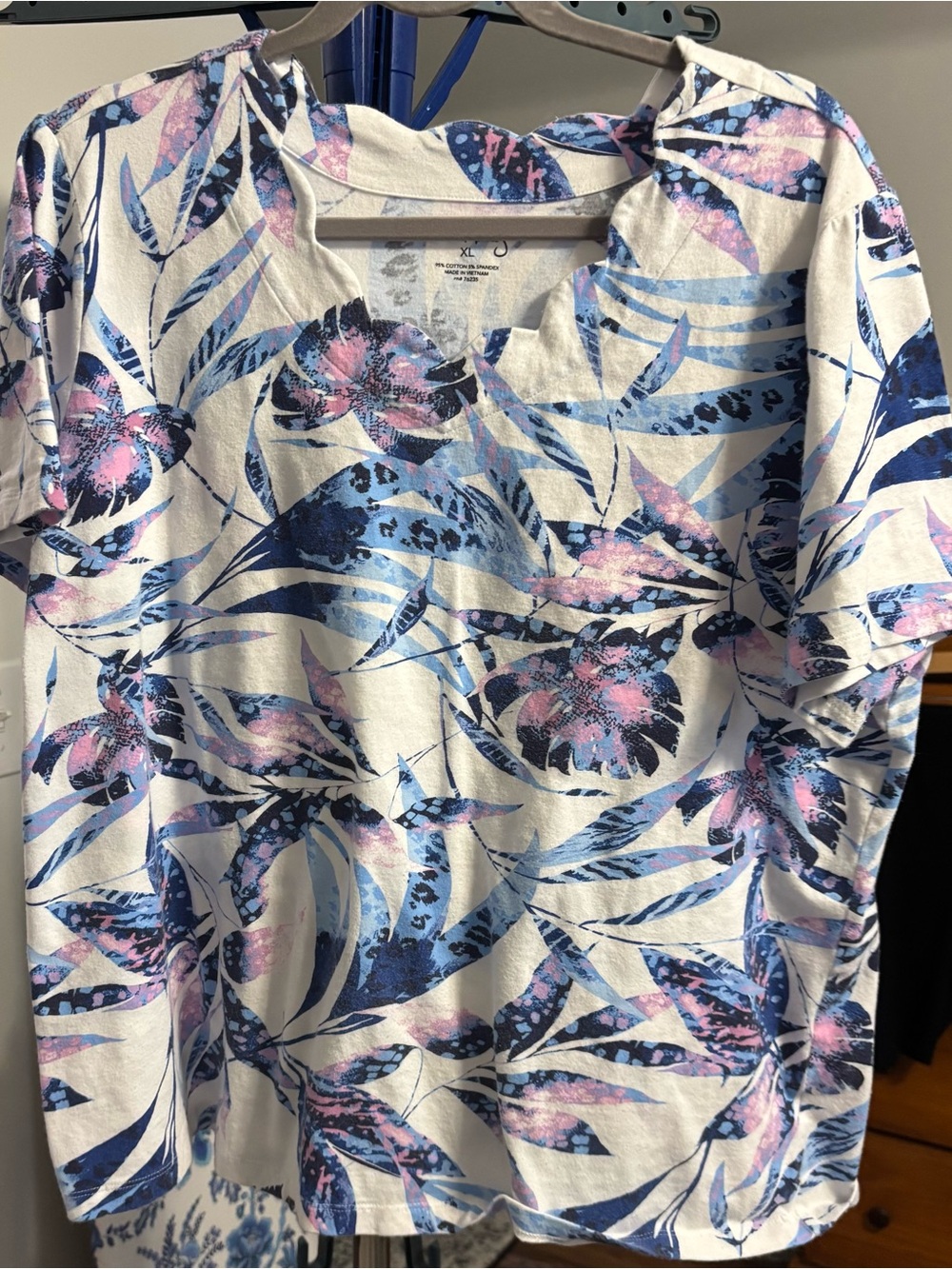 Coral Bay White Short Sleeve Tropical Floral Tee with Blue & Pink Accents